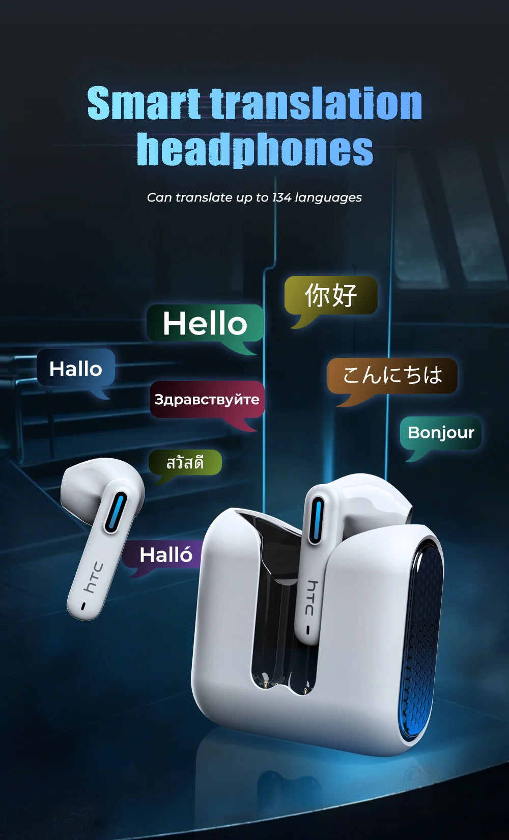 HTC NE49 AI Translator Earbuds – 40H Battery | ENC Noise Cancelling | Bluetooth 5.3