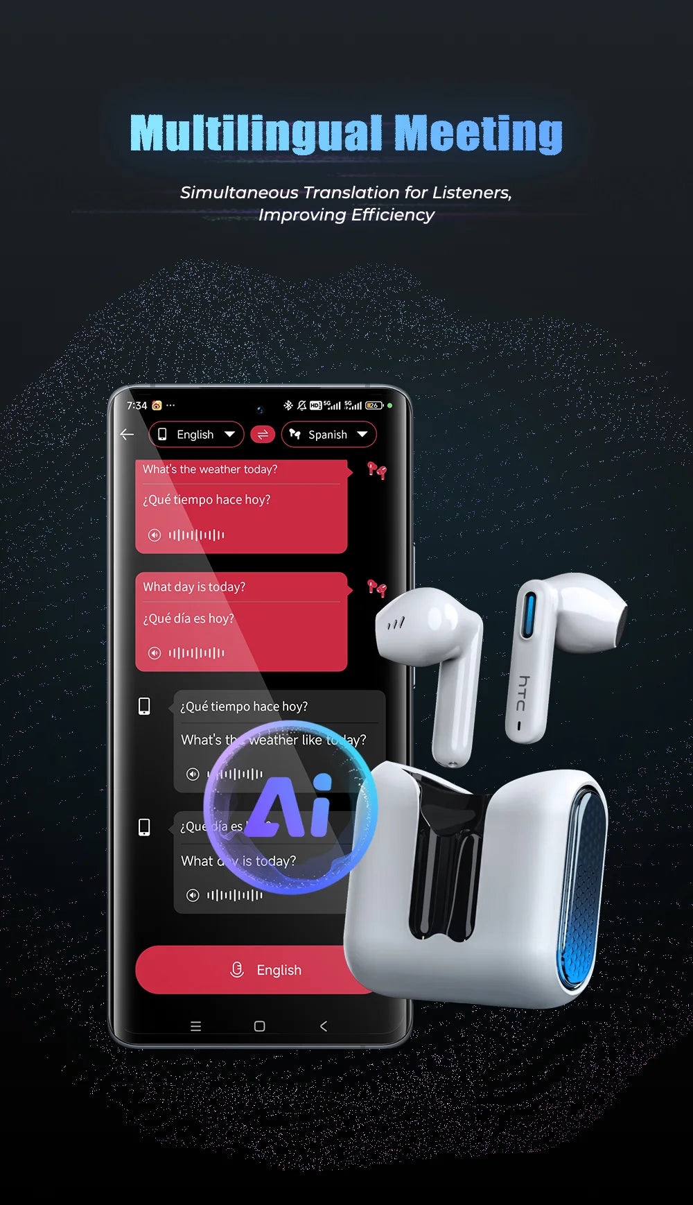 HTC NE49 AI Translator Earbuds – 40H Battery | ENC Noise Cancelling | Bluetooth 5.3